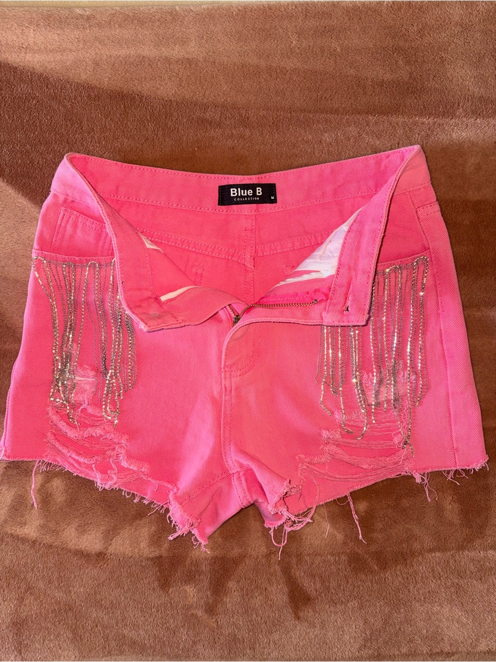 Blue B Hot Pink Distressed Fringe Chain Denim Shorts
